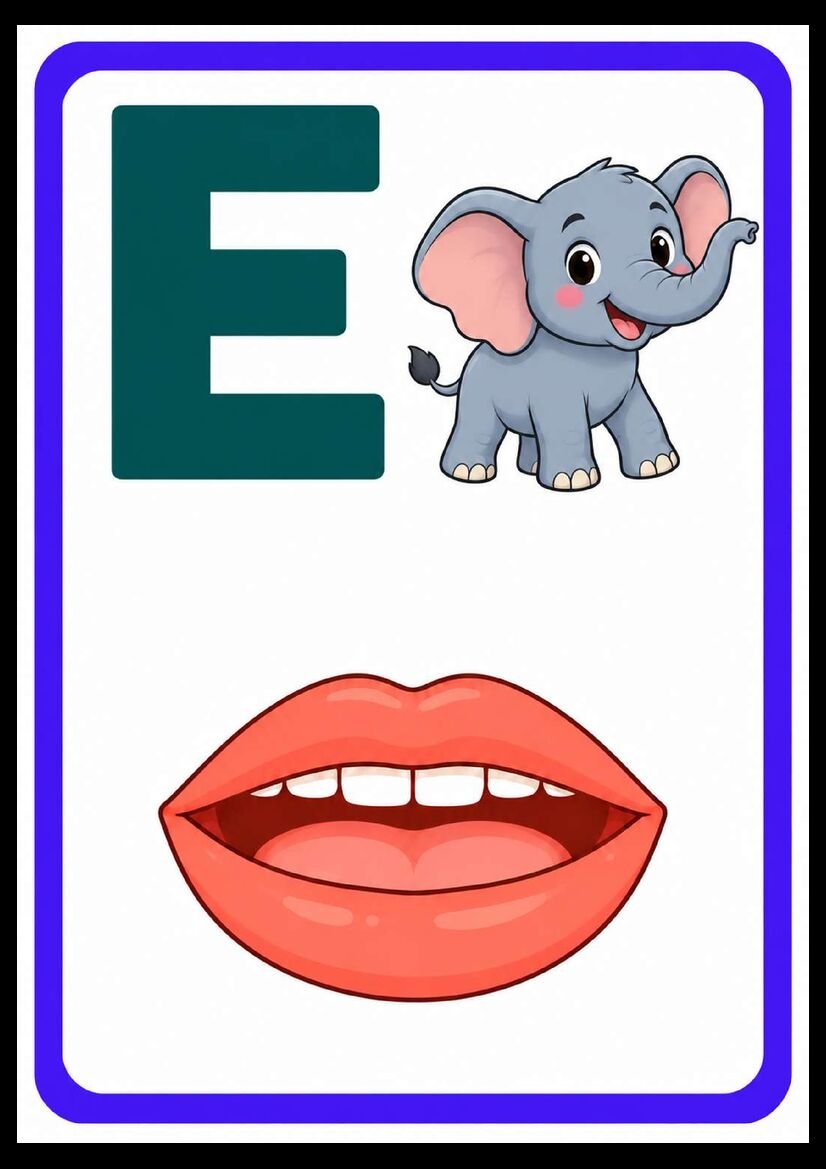 Alfabeto das boquinhas letra E com elefante cinza e boca ilustrada